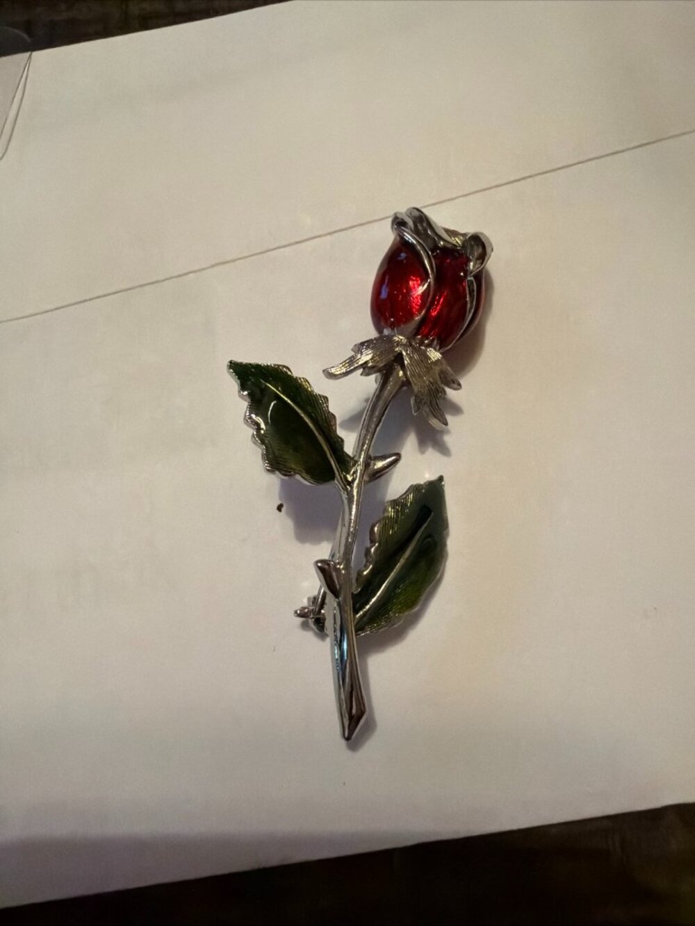 LIZ CLAIBORNE Vintage Brooch Pin 2.5”. Long Stem Red Rose/Pink Rhinestones.  EUC